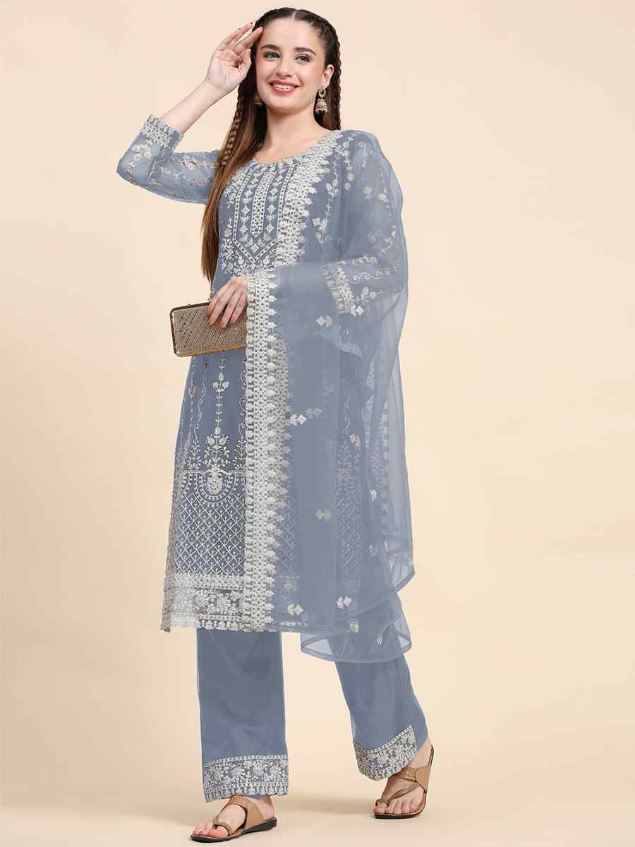 Grey Net Embroidered Festival Mehendi Pant Salwar Kameez