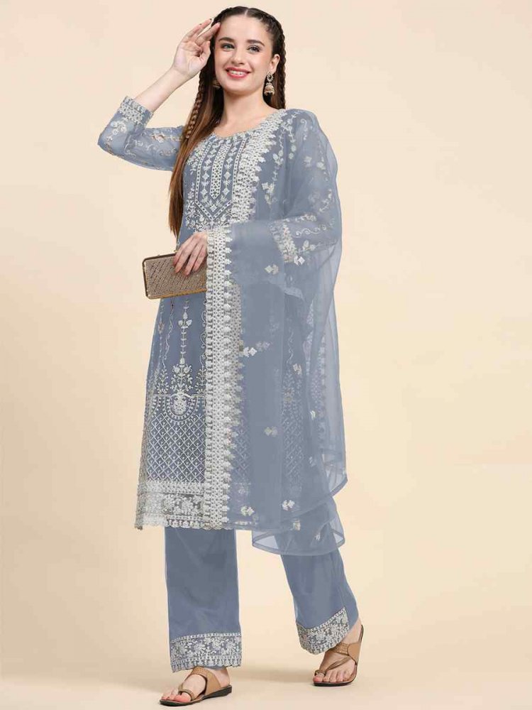 Grey Net Embroidered Festival Mehendi Pant Salwar Kameez