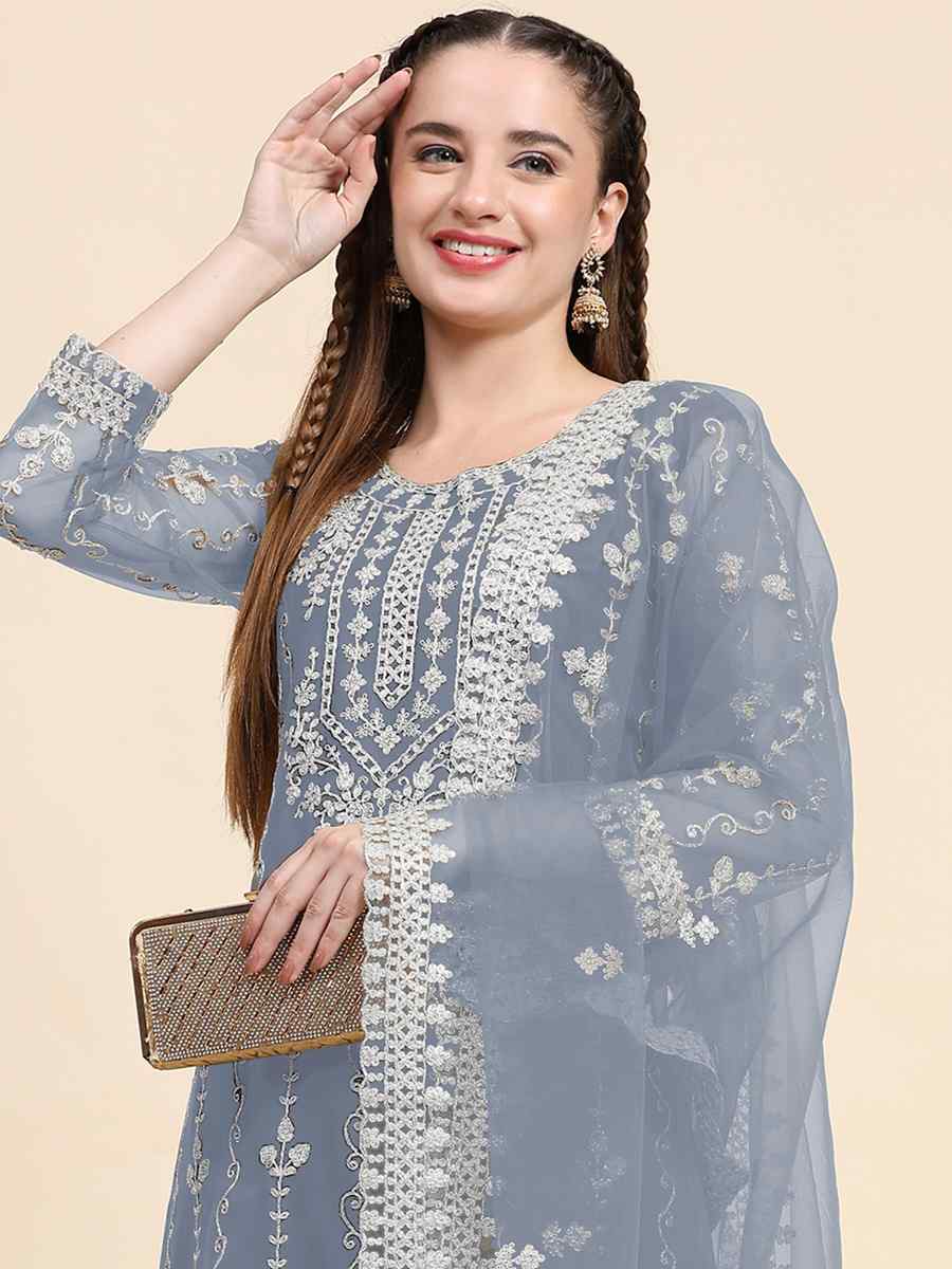 Grey Net Embroidered Festival Mehendi Pant Salwar Kameez