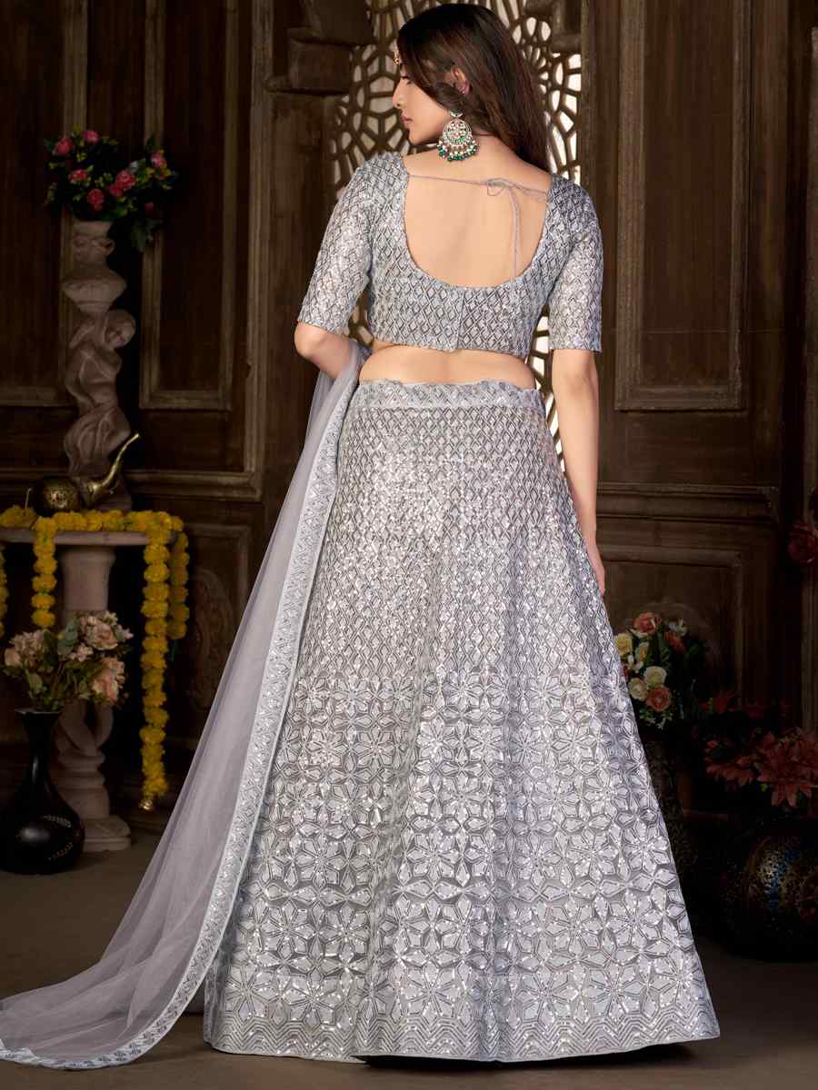 Grey Net Embroidered Festival Party Wear Heavy Border Lehenga Choli