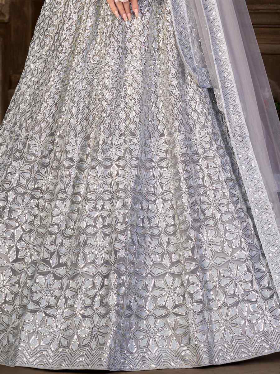 Grey Net Embroidered Festival Party Wear Heavy Border Lehenga Choli