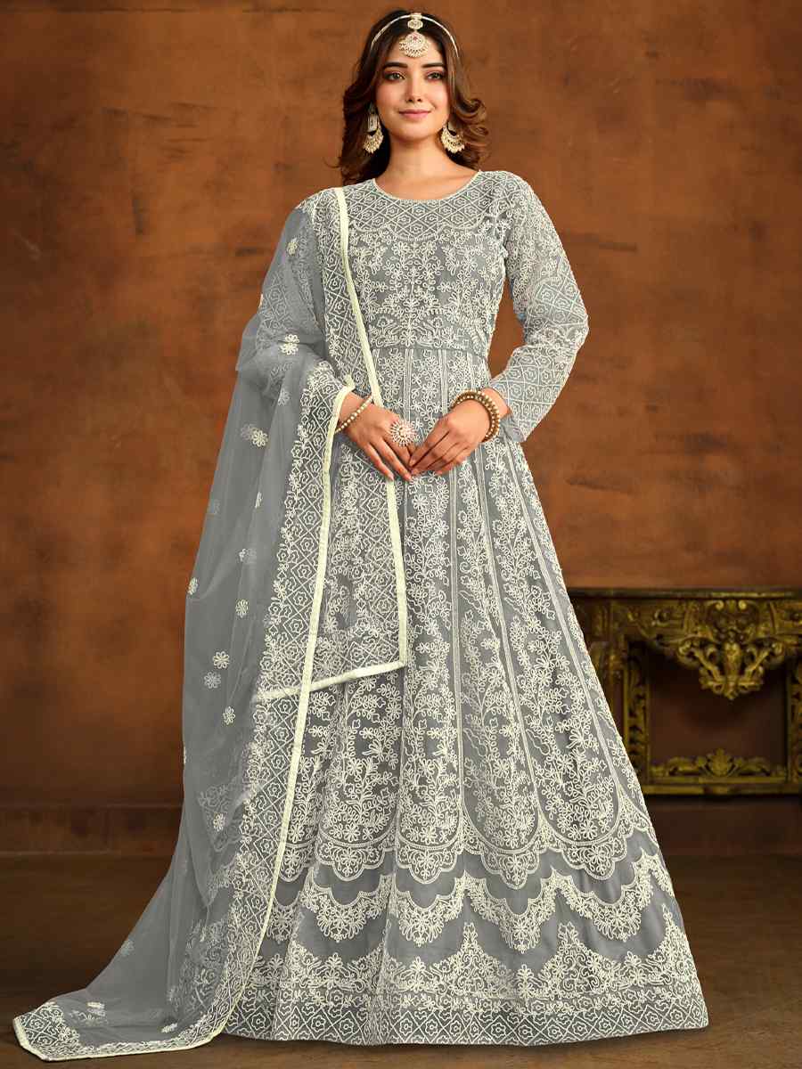 Grey Net Embroidered Festival Wedding Anarkali Salwar Kameez