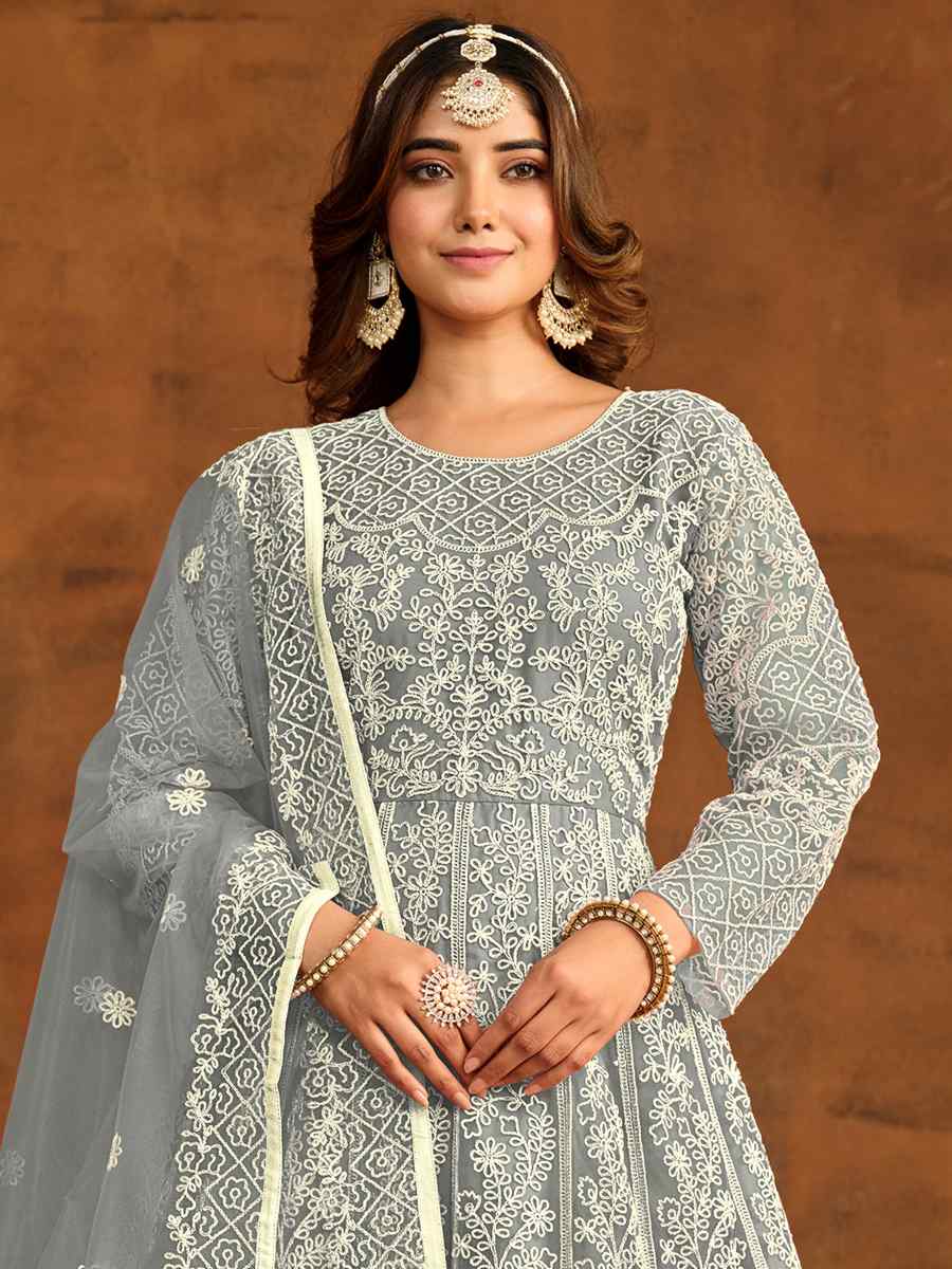 Grey Net Embroidered Festival Wedding Anarkali Salwar Kameez