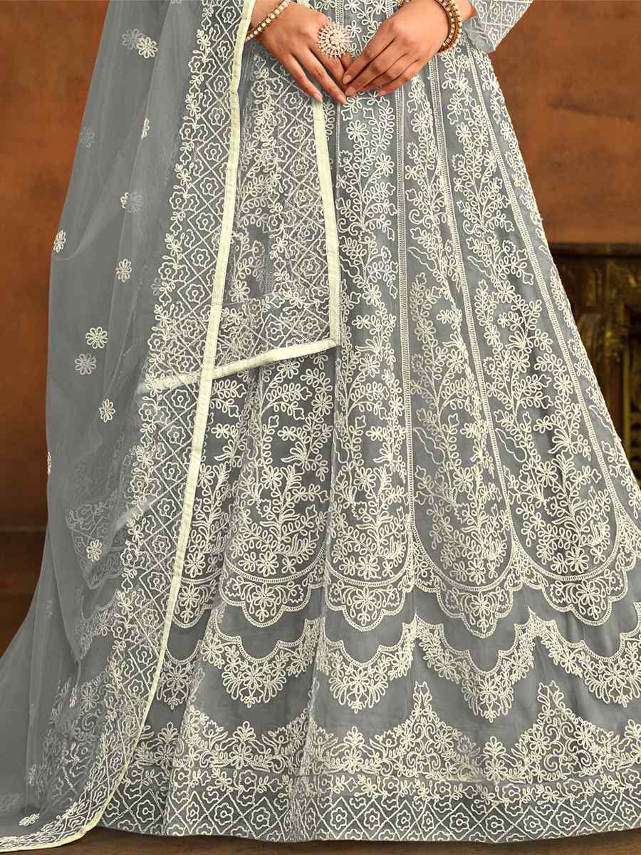 Grey Net Embroidered Festival Wedding Anarkali Salwar Kameez