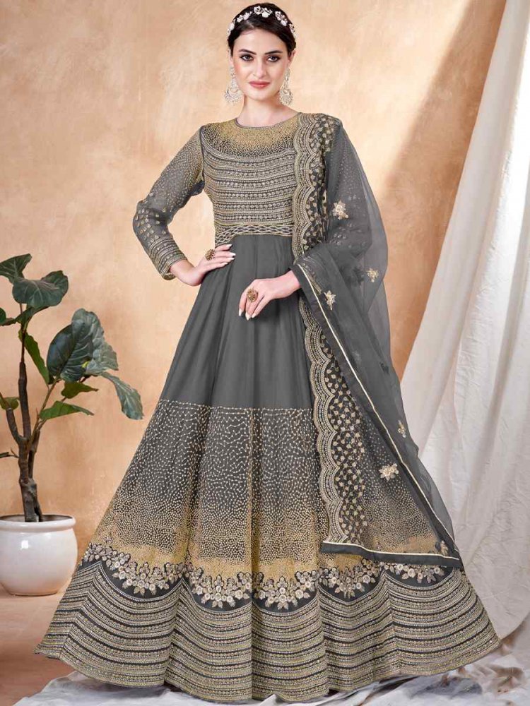 Grey Net Embroidered Festival Wedding Anarkali Salwar Kameez