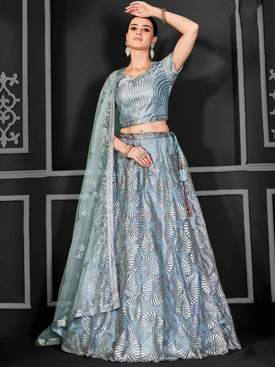 Grey Net Embroidered Festival Wedding Ceremony Circular Lehenga Choli