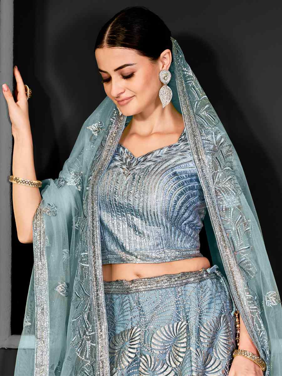Grey Net Embroidered Festival Wedding Ceremony Circular Lehenga Choli