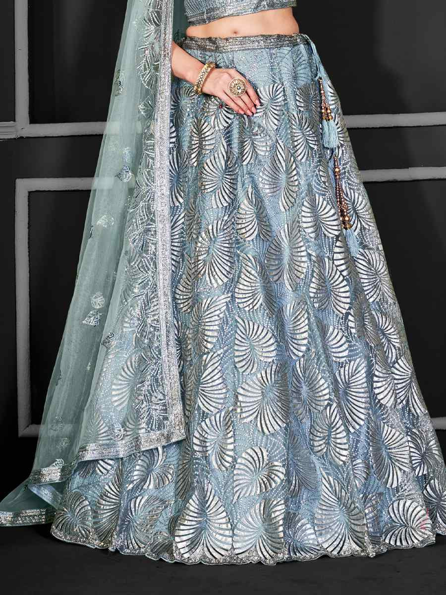 Grey Net Embroidered Festival Wedding Ceremony Circular Lehenga Choli