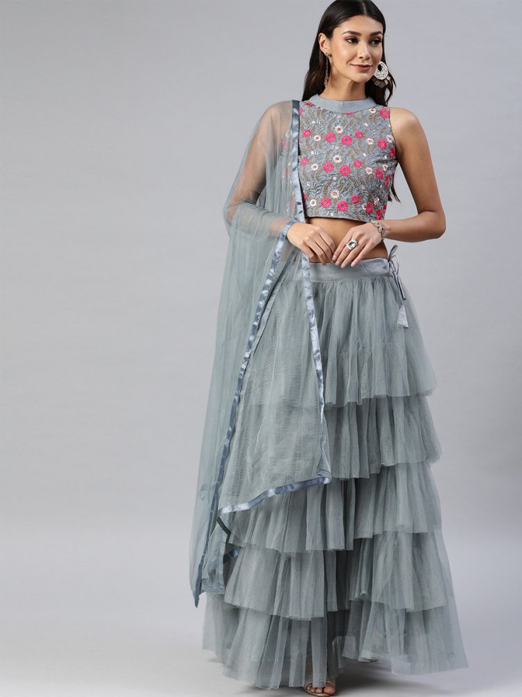 Grey Net Embroidered Party Wear Wedding Circular Lehenga Choli