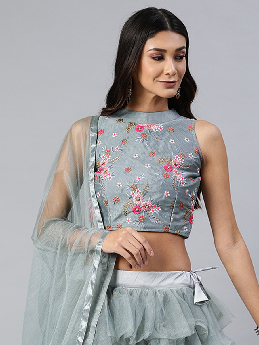 Grey Net Embroidered Party Wear Wedding Circular Lehenga Choli