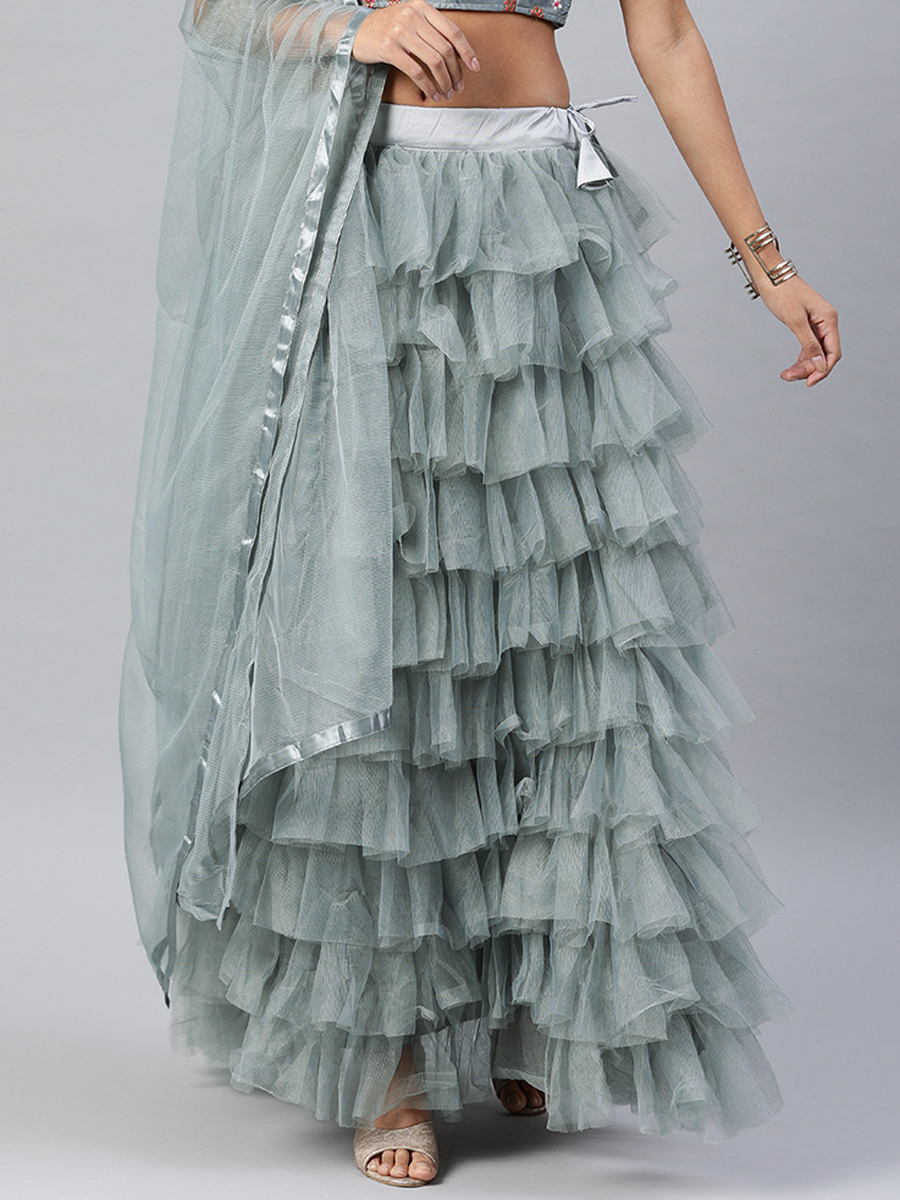 Grey Net Embroidered Party Wear Wedding Circular Lehenga Choli