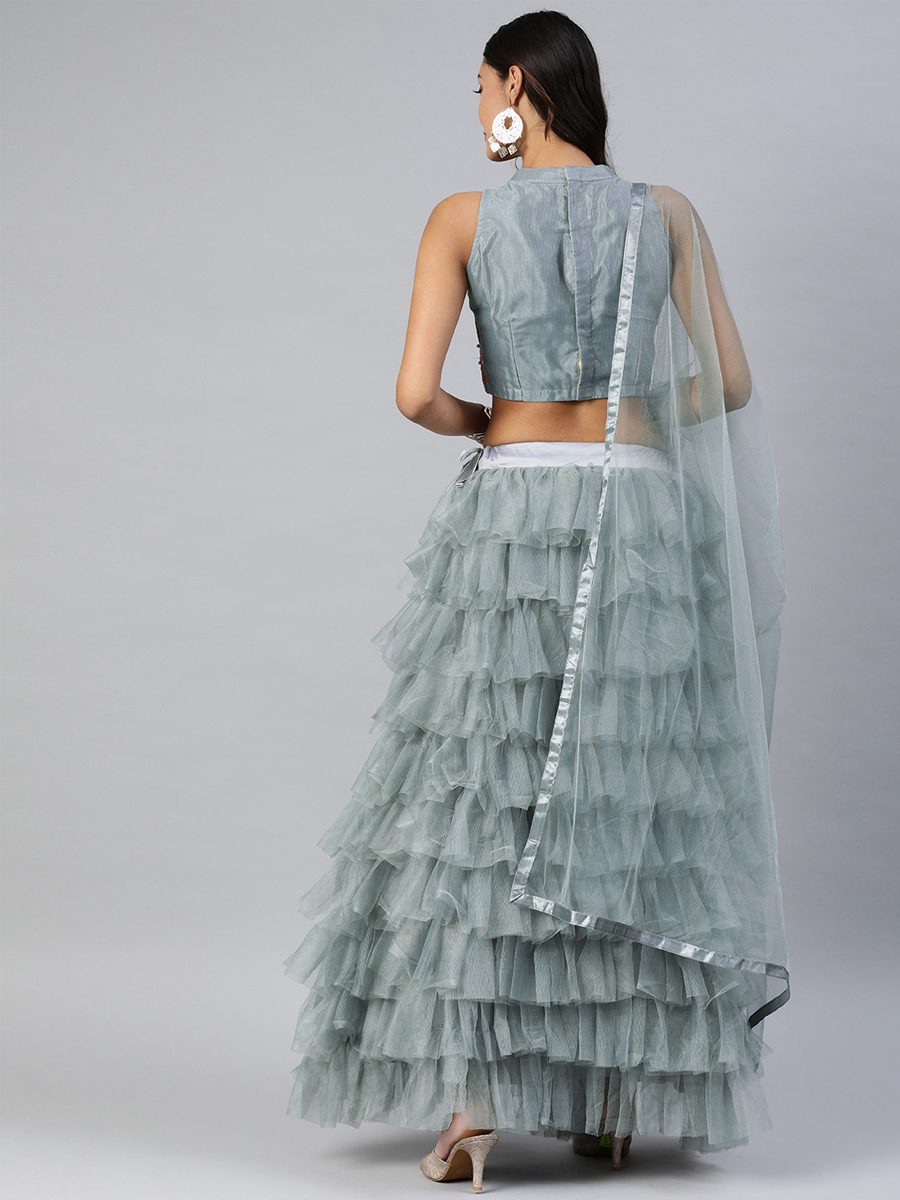 Grey Net Embroidered Party Wear Wedding Circular Lehenga Choli
