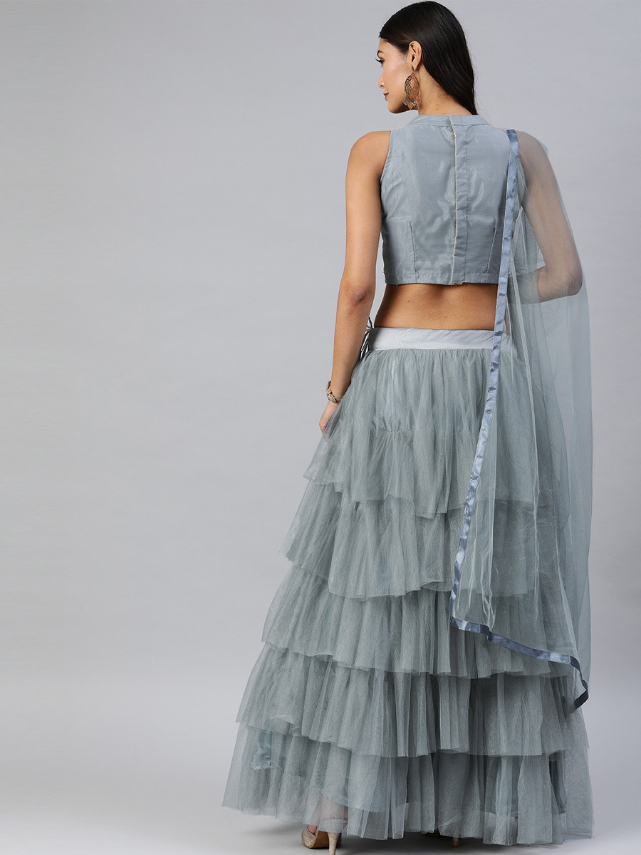 Grey Net Embroidered Party Wear Wedding Circular Lehenga Choli