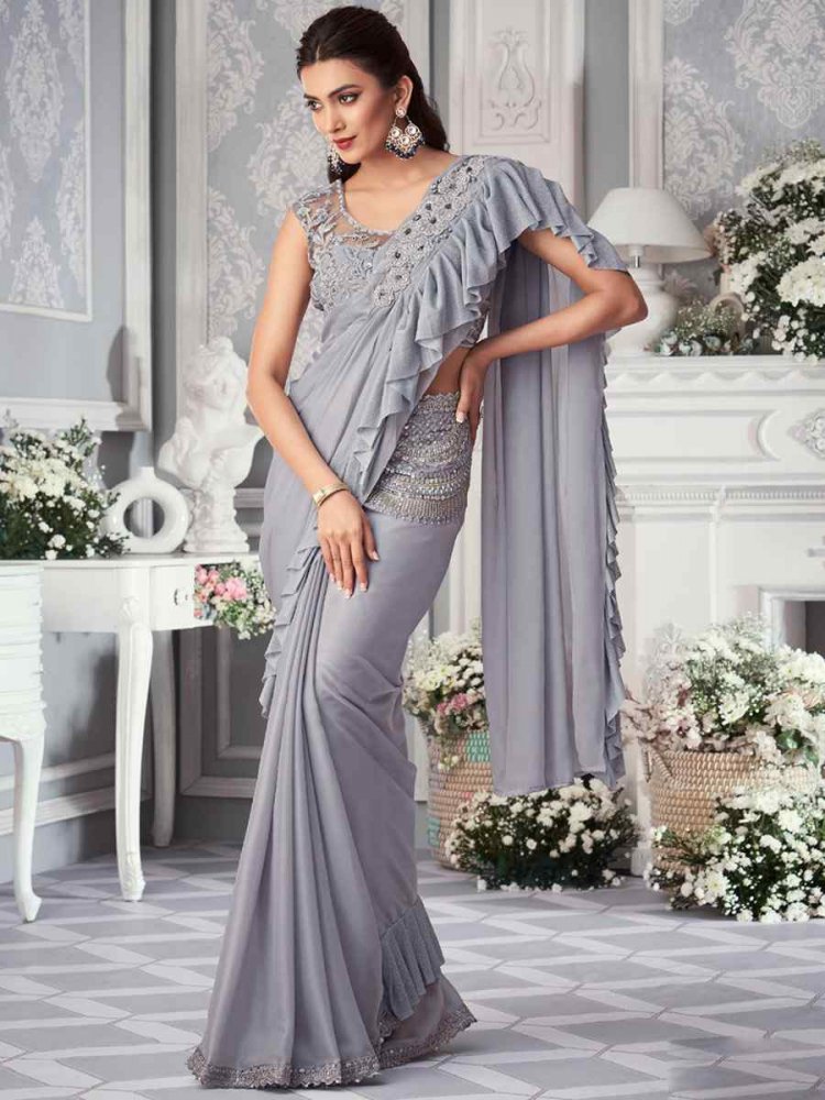 Grey Net Embroidered Wedding Party Heavy Border Saree