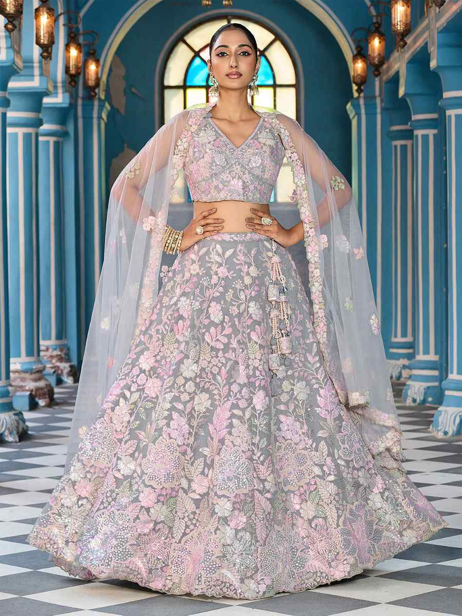 Grey Net Embroidered Wedding Reception Festival Heavy Border Lehenga Choli