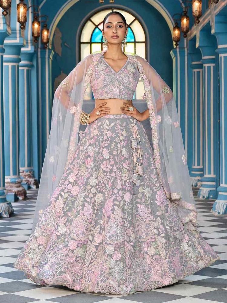Image of Grey Net Embroidered Wedding Reception Festival Heavy Border Lehenga Choli