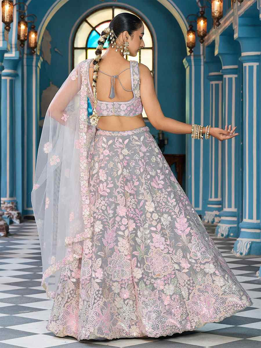 Grey Net Embroidered Wedding Reception Festival Heavy Border Lehenga Choli