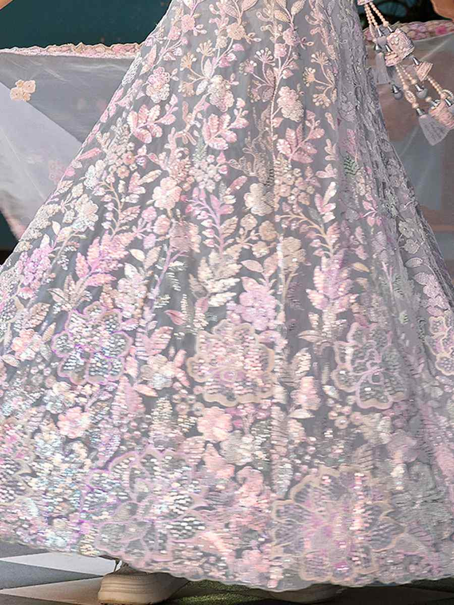 Grey Net Embroidered Wedding Reception Festival Heavy Border Lehenga Choli