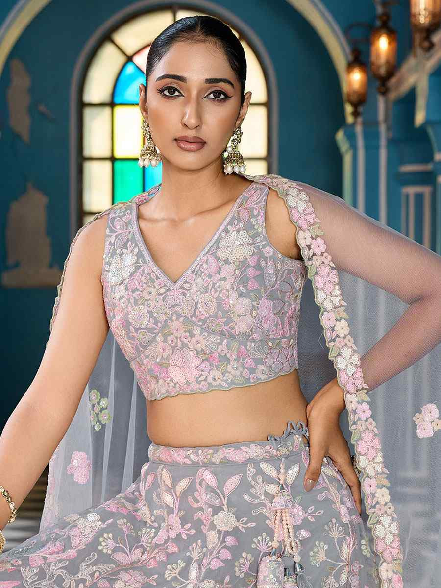 Grey Net Embroidered Wedding Reception Festival Heavy Border Lehenga Choli