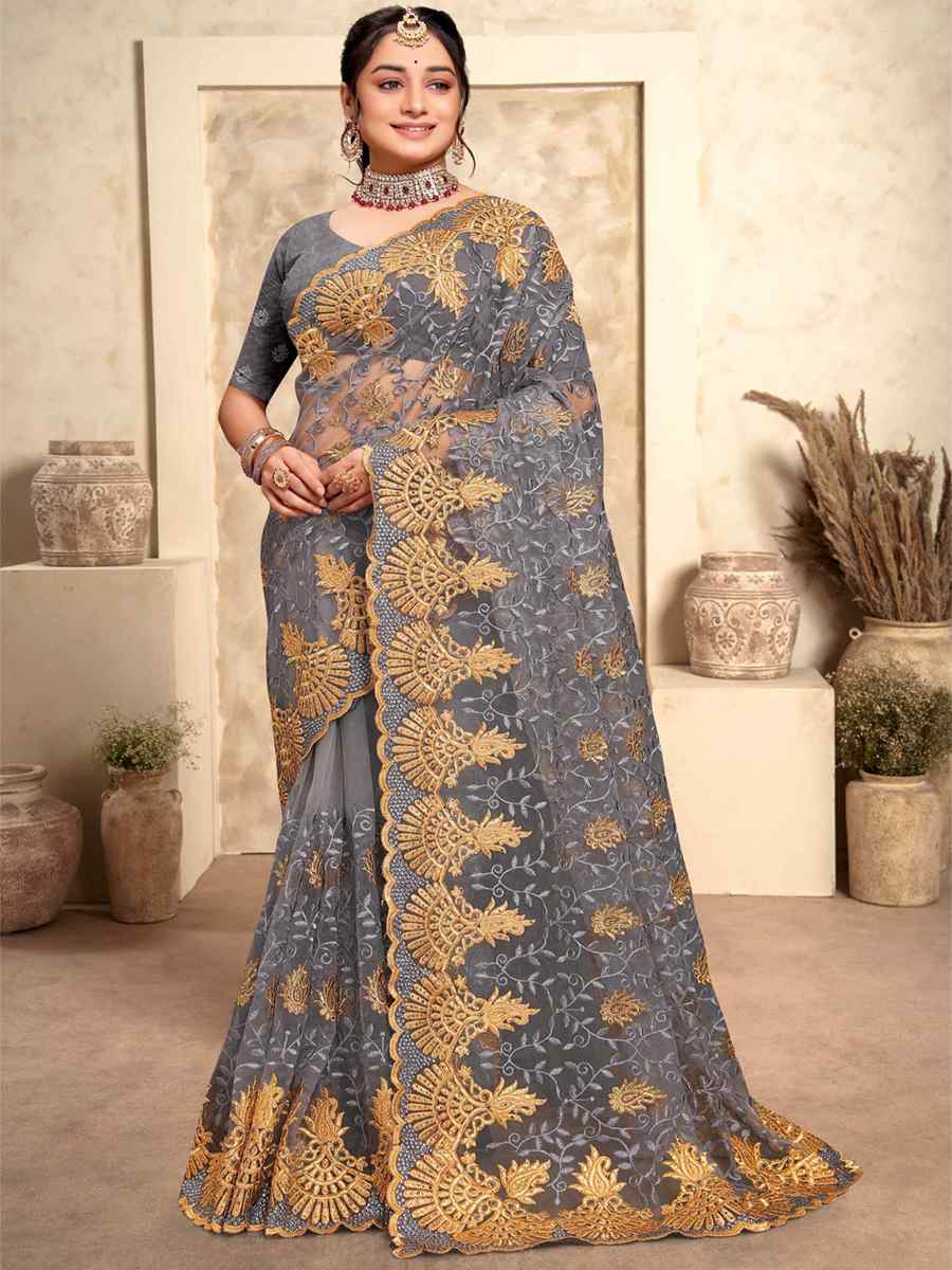 Grey Net Embroidery Party Wedding Heavy Border Saree