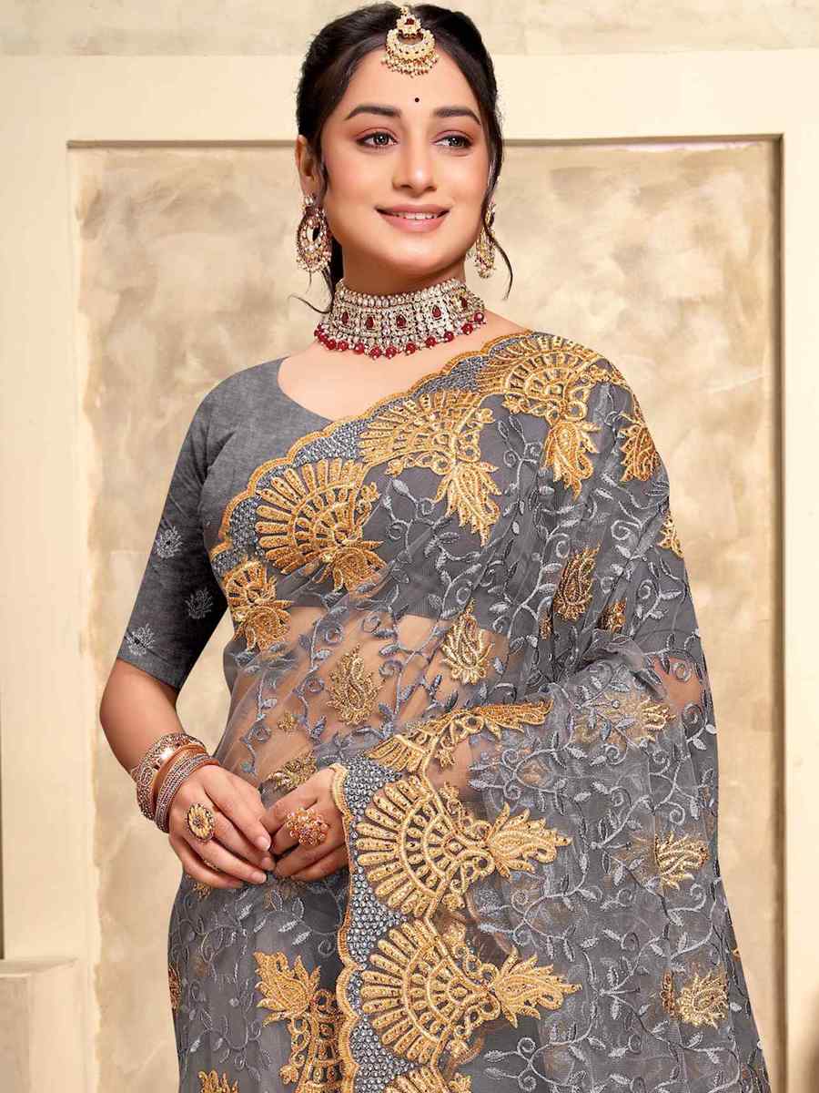 Grey Net Embroidery Party Wedding Heavy Border Saree