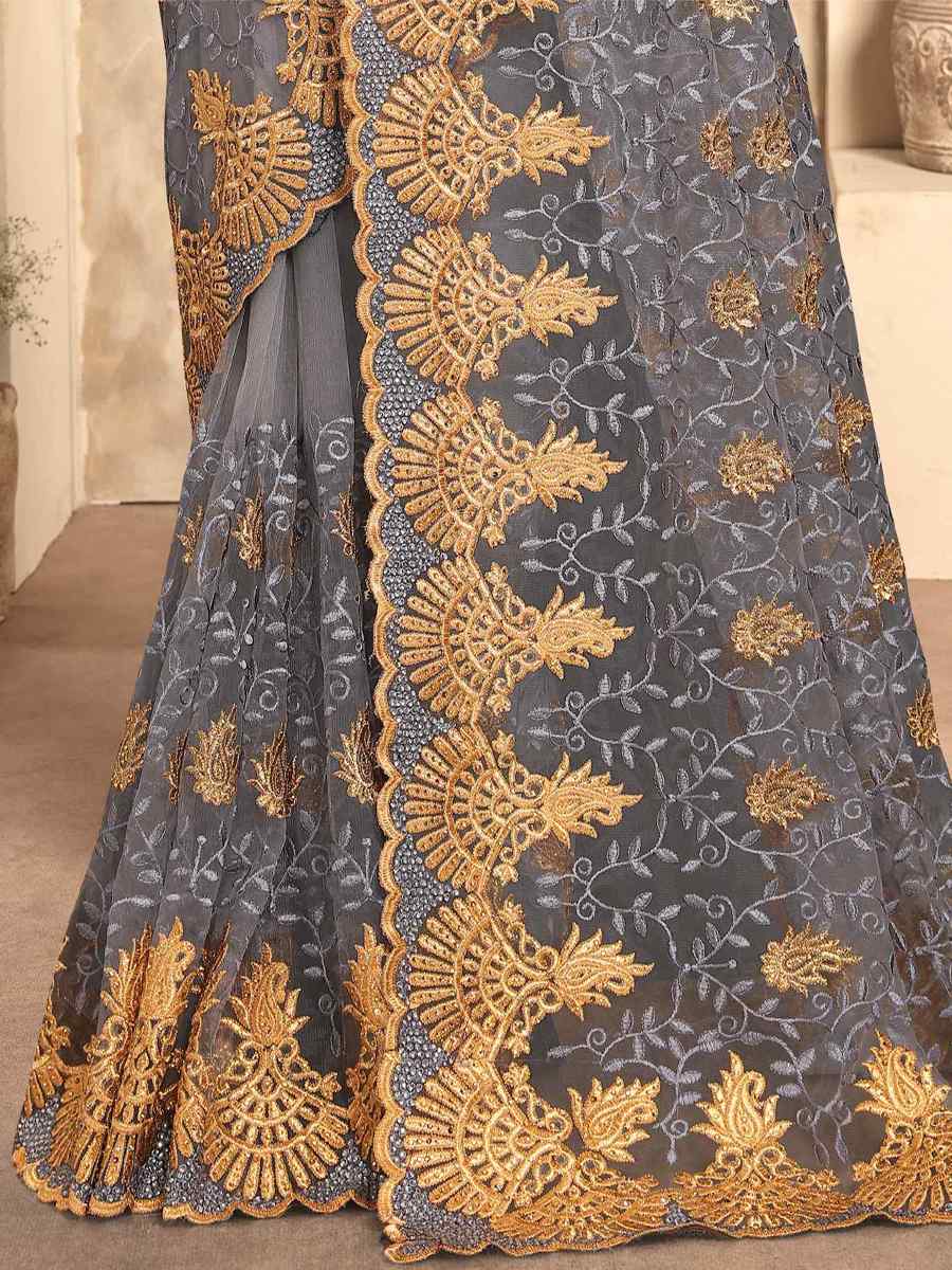 Grey Net Embroidery Party Wedding Heavy Border Saree