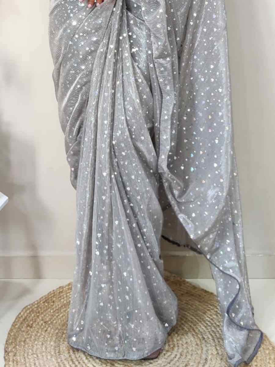 Grey Net Printed Casual Festival Contemporary Saree