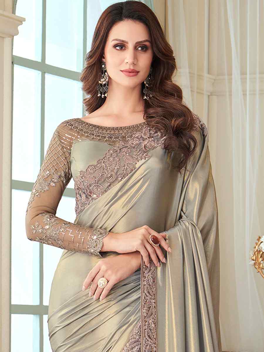 Grey Oracle Silk Embroidered Party Festival Heavy Border Saree