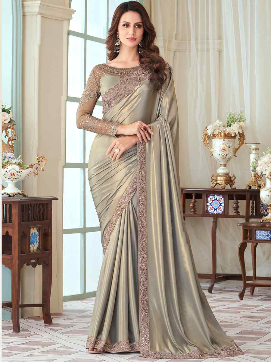 Grey Oracle Silk Embroidered Party Festival Heavy Border Saree