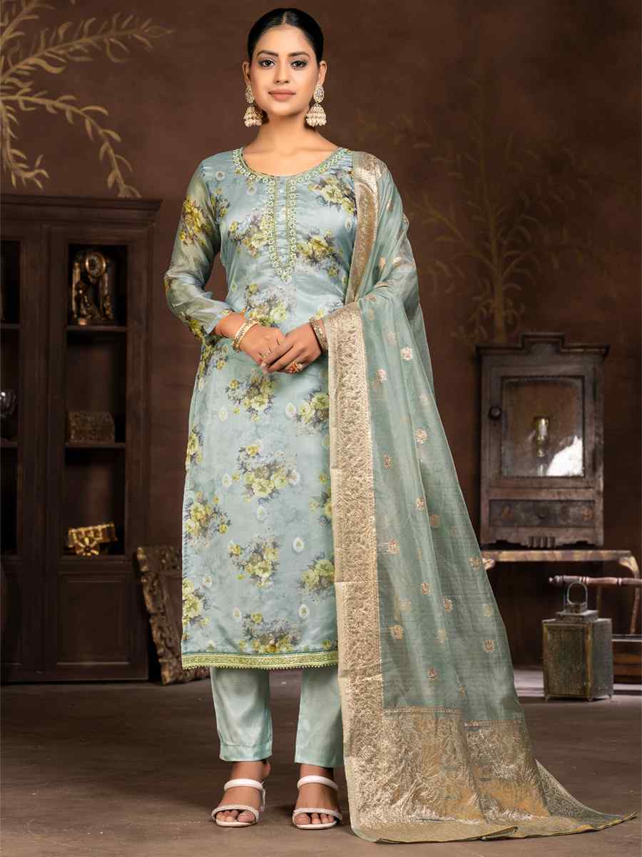 Grey Organza Embroidered Casual Festival Pant Salwar Kameez