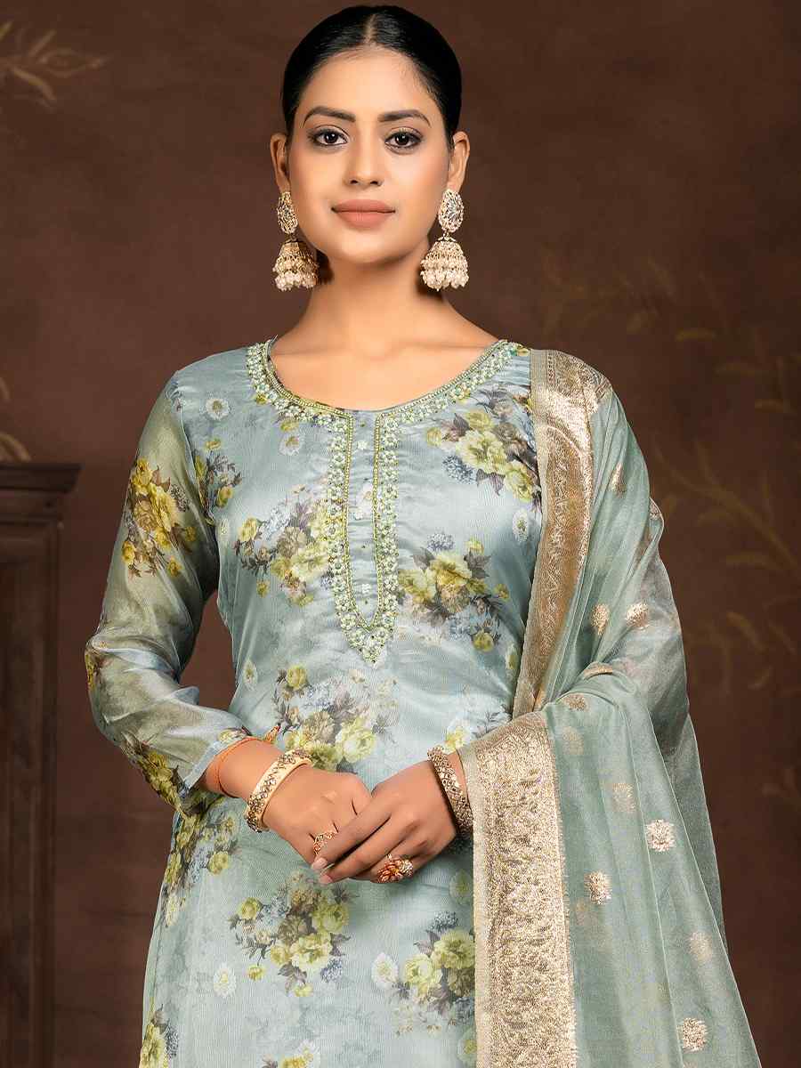 Grey Organza Embroidered Casual Festival Pant Salwar Kameez