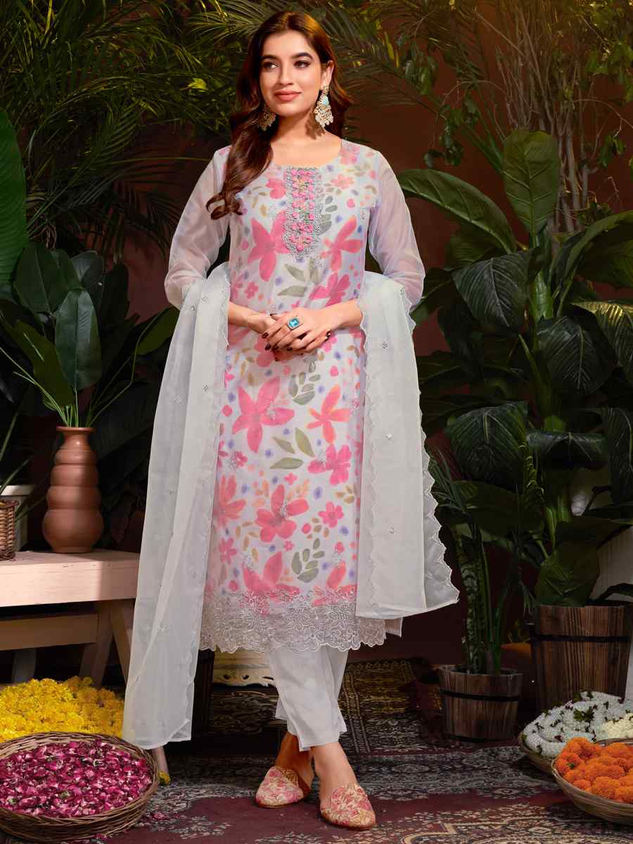 Grey Organza Embroidered Festival Casual Ready Pant Salwar Kameez