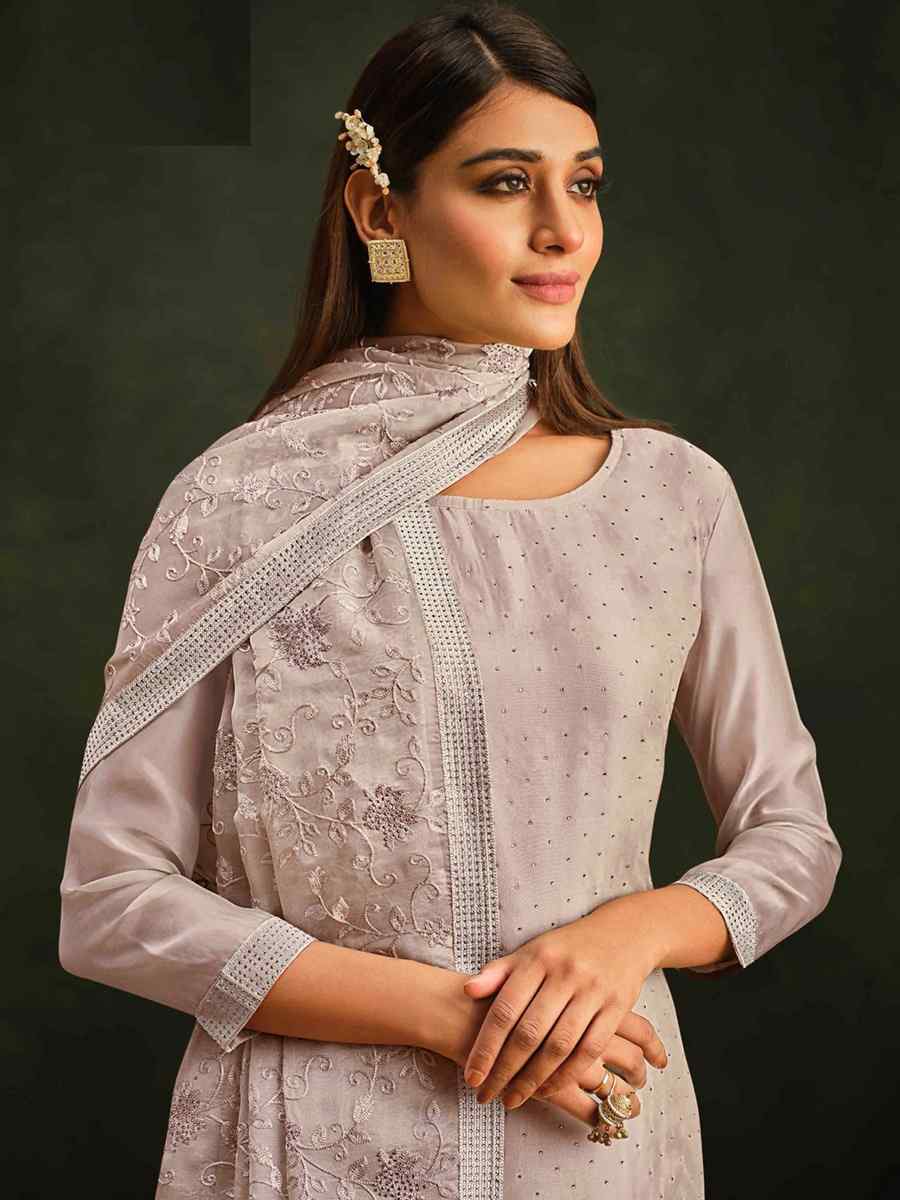 Grey Organza Embroidered Festival Party Pant Salwar Kameez