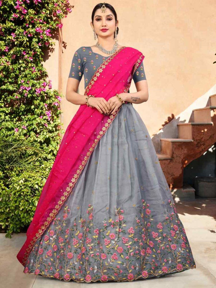 Grey Organza Embroidered Festival Wedding Heavy Border Lehenga Choli