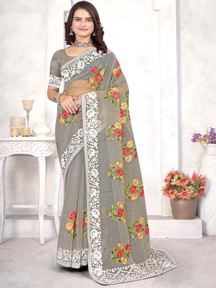 Grey Organza Embroidered Wedding Festival Heavy Border Saree