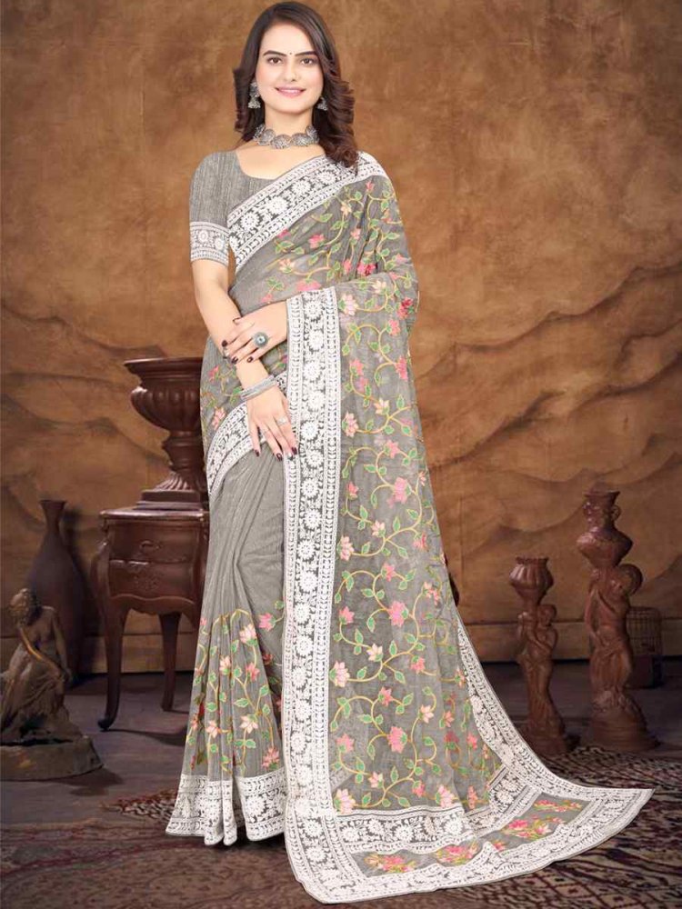 Grey Organza Embroidered Wedding Festival Heavy Border Saree