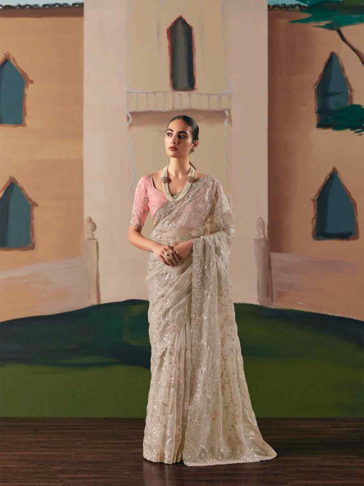 Image of Grey Organza Embroidery Zari Bridal Reception Festival Wedding Fancy Heavy Border Saree