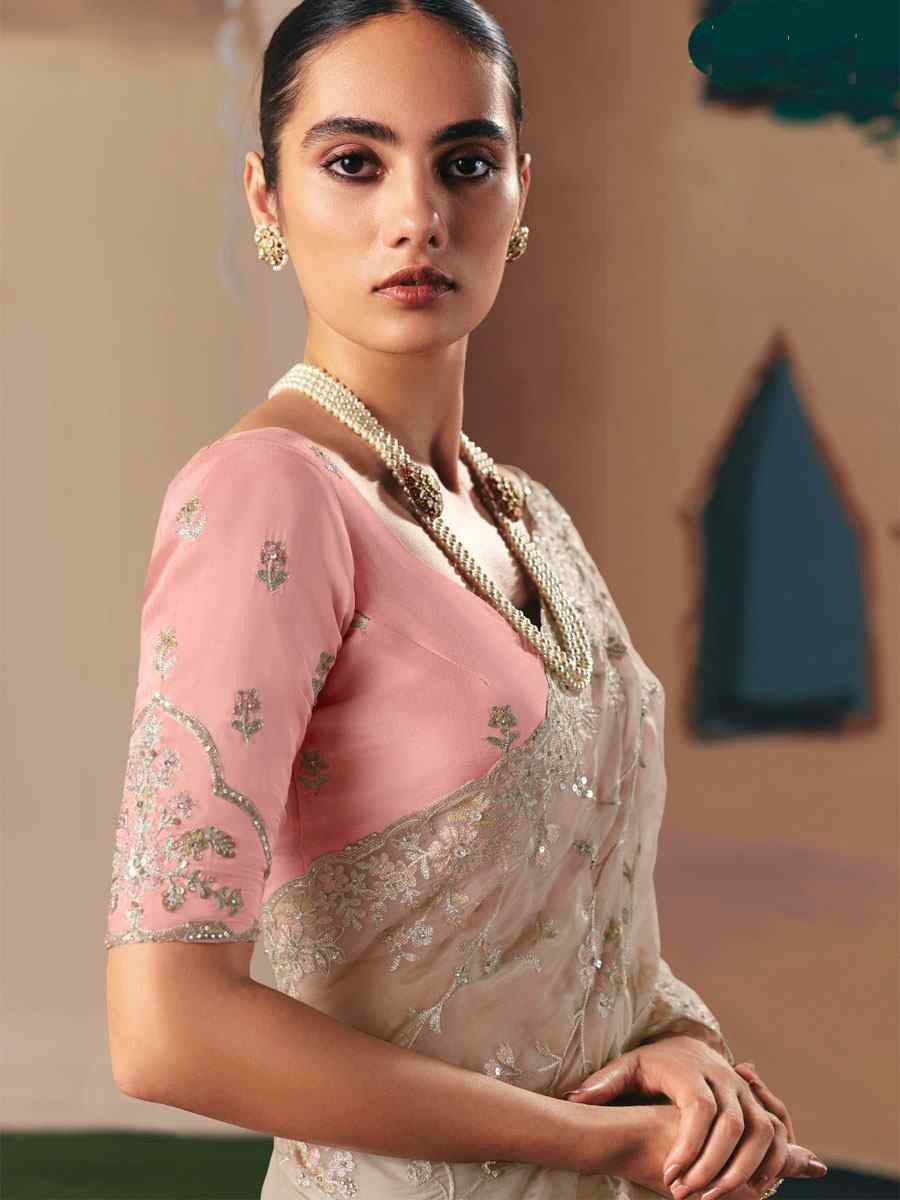 Grey Organza Embroidery Zari Bridal Reception Festival Wedding Fancy Heavy Border Saree