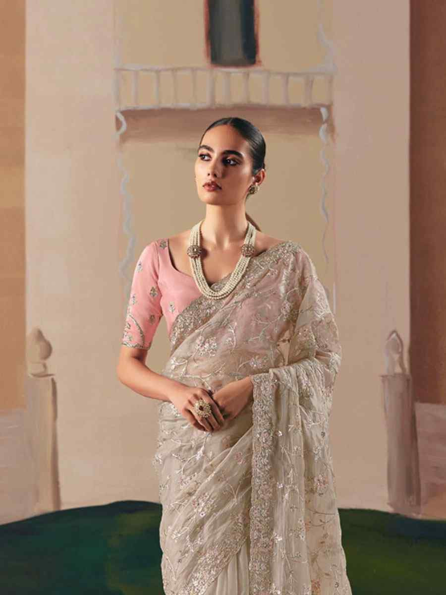 Grey Organza Embroidery Zari Bridal Reception Festival Wedding Fancy Heavy Border Saree