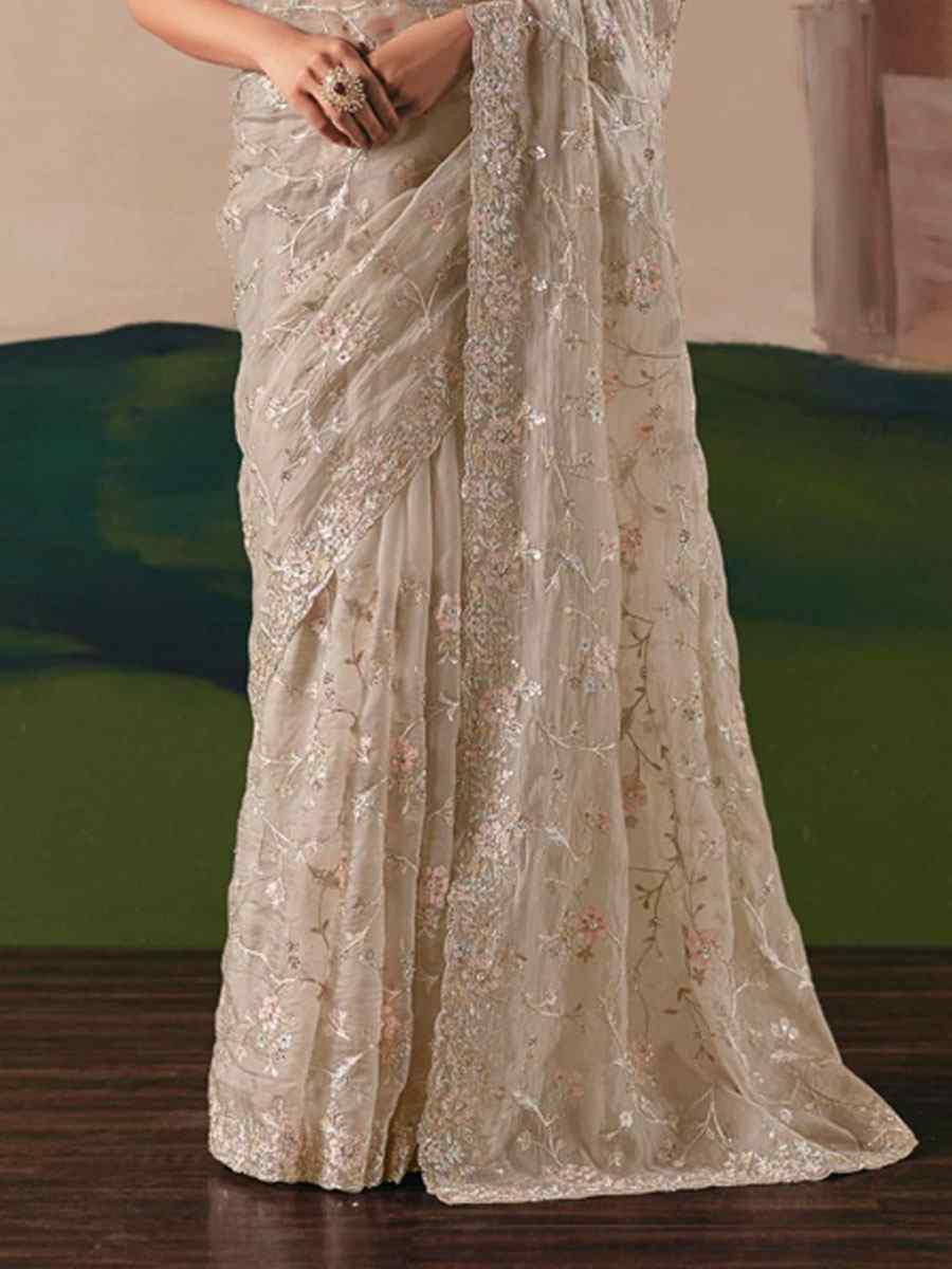 Grey Organza Embroidery Zari Bridal Reception Festival Wedding Fancy Heavy Border Saree