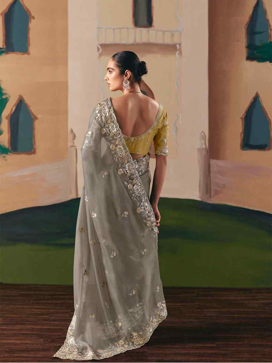 Grey Organza Embroidery Zari Bridal Reception Festival Wedding Fancy Heavy Border Saree
