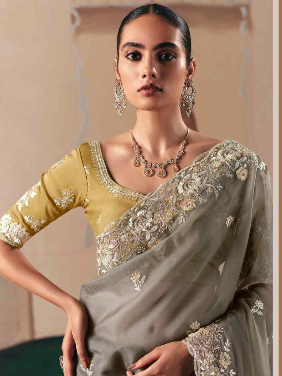 Grey Organza Embroidery Zari Bridal Reception Festival Wedding Fancy Heavy Border Saree