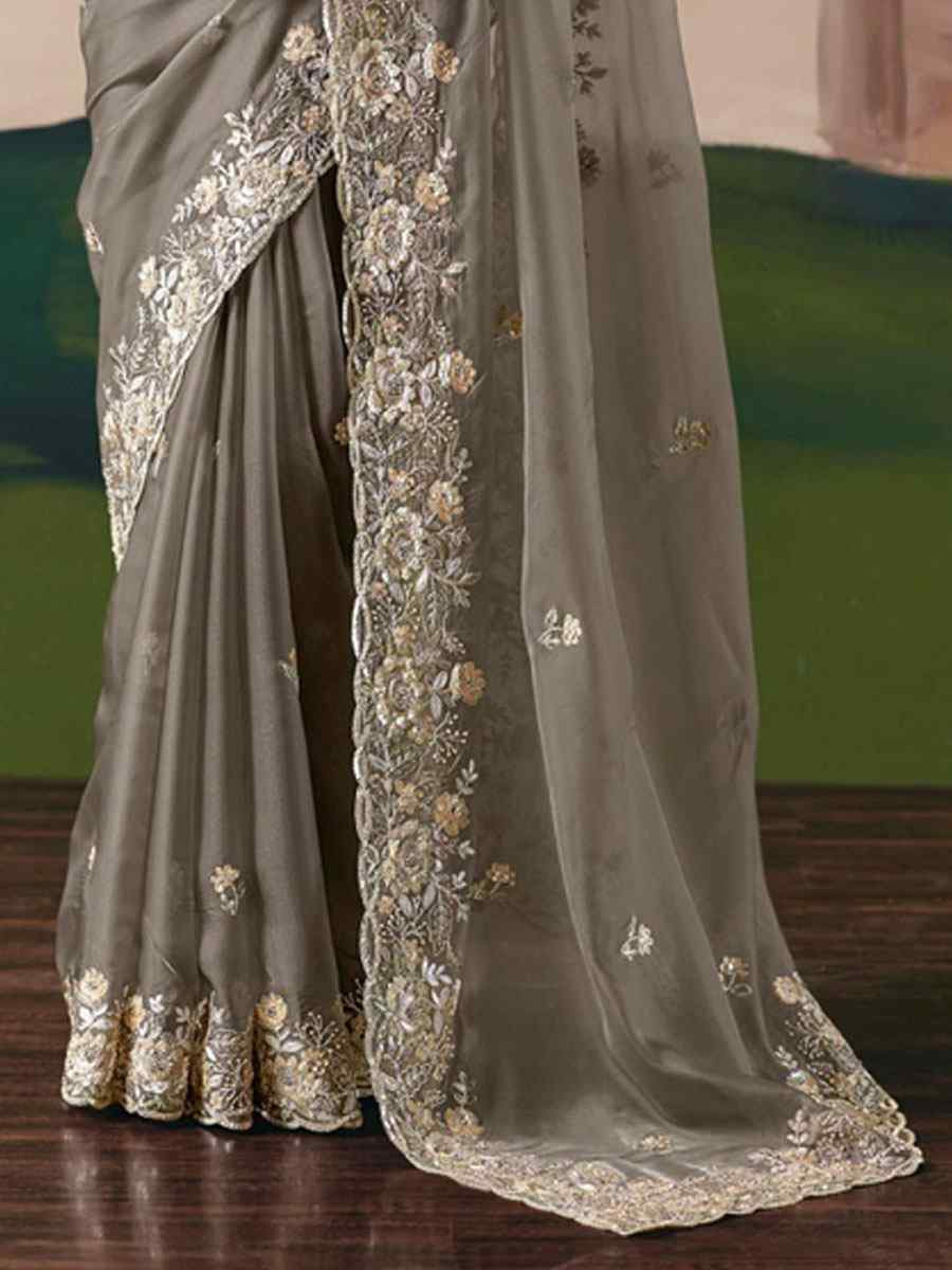 Grey Organza Embroidery Zari Bridal Reception Festival Wedding Fancy Heavy Border Saree