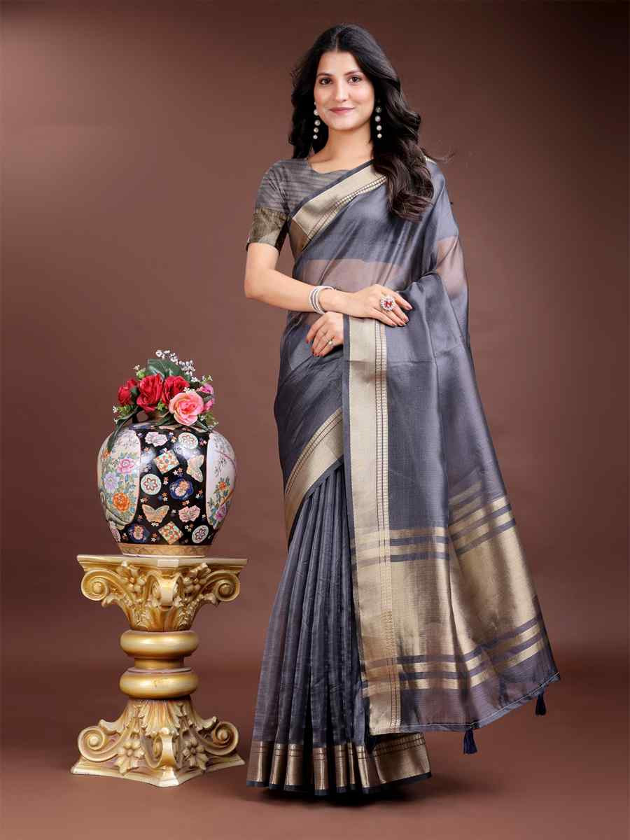 Grey Organza Handwoven Festival Wedding Fancy Heavy Border Saree