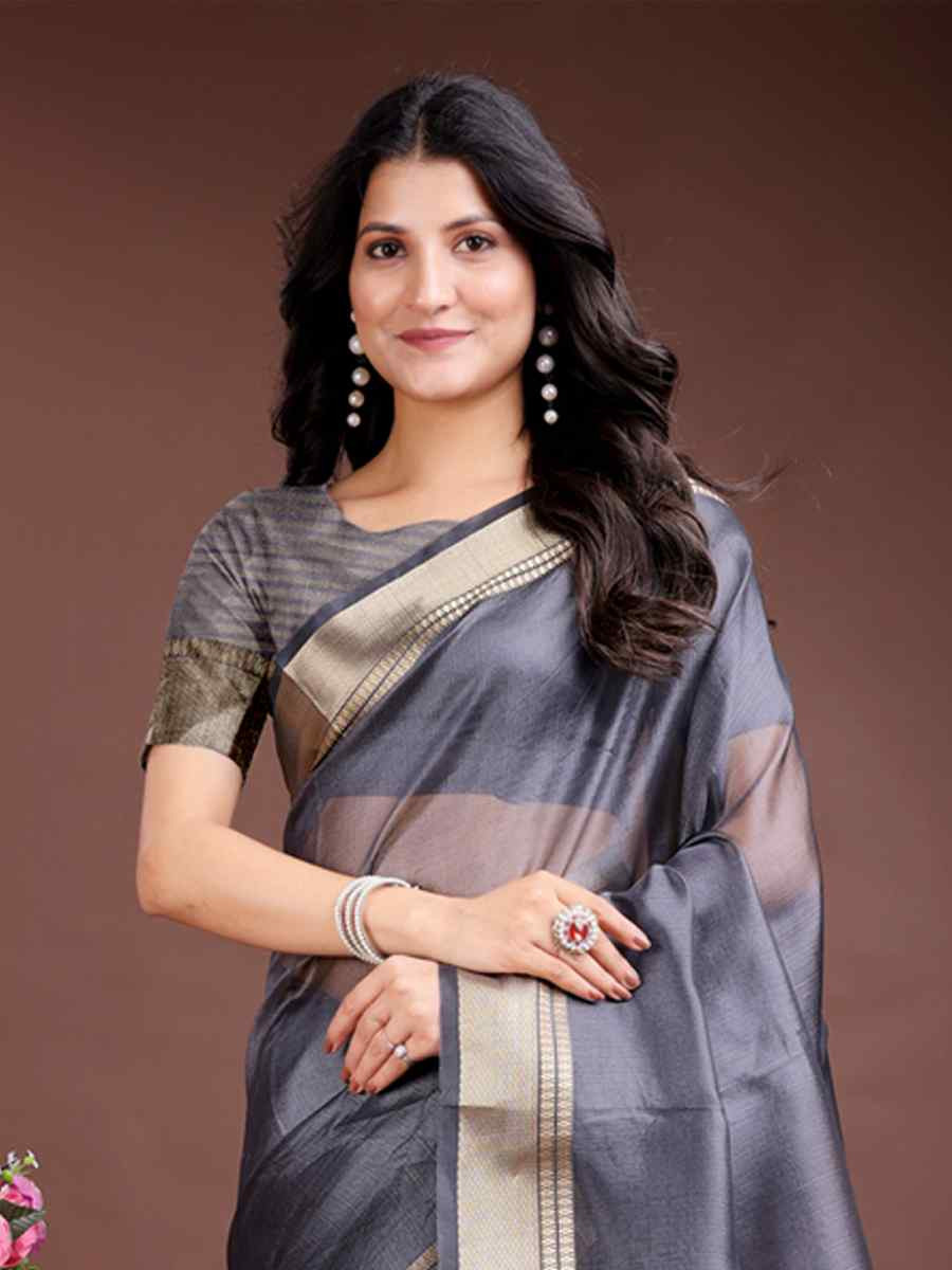 Grey Organza Handwoven Festival Wedding Fancy Heavy Border Saree