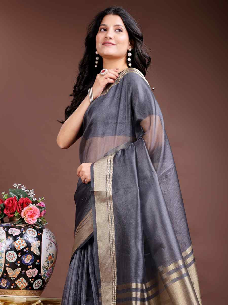 Grey Organza Handwoven Festival Wedding Fancy Heavy Border Saree