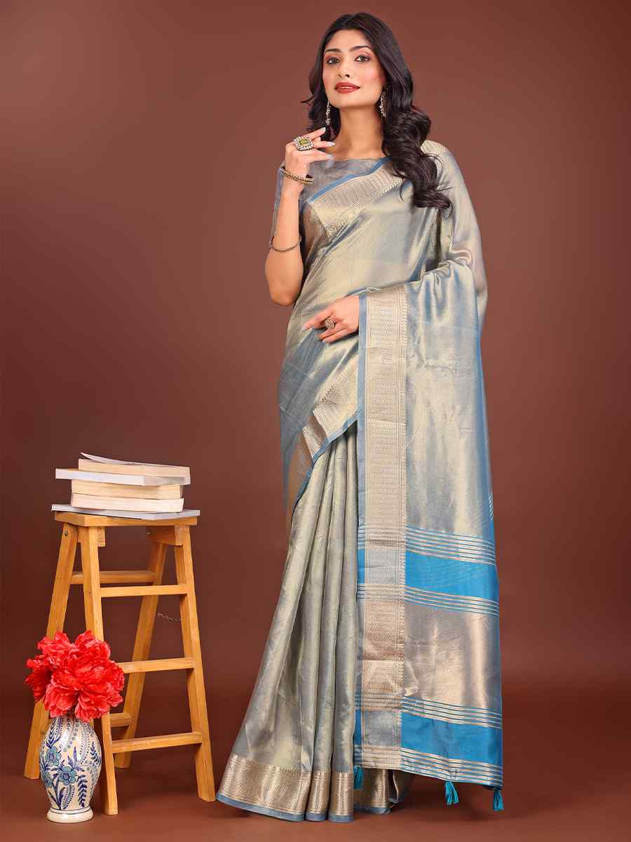 Grey Organza Handwoven Festival Wedding Fancy Heavy Border Saree