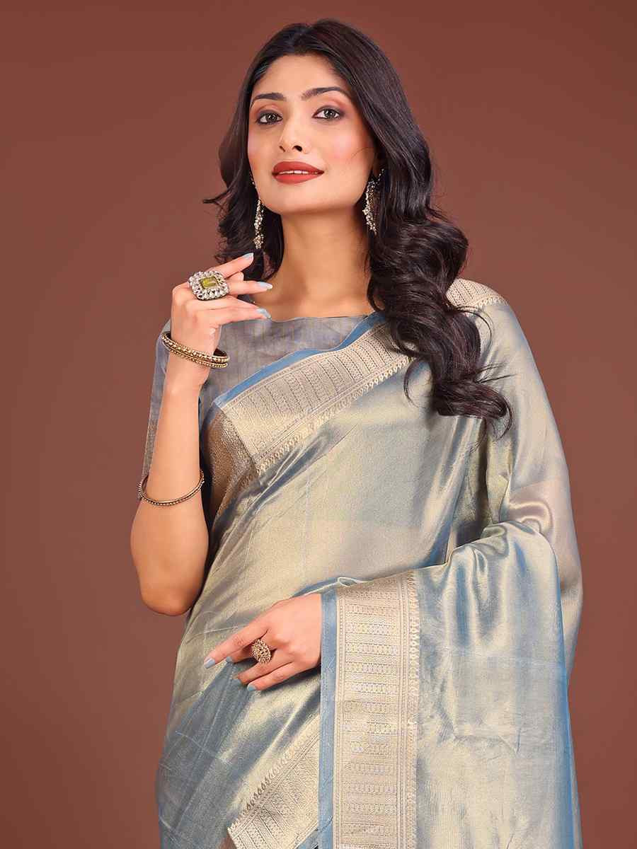 Grey Organza Handwoven Festival Wedding Fancy Heavy Border Saree