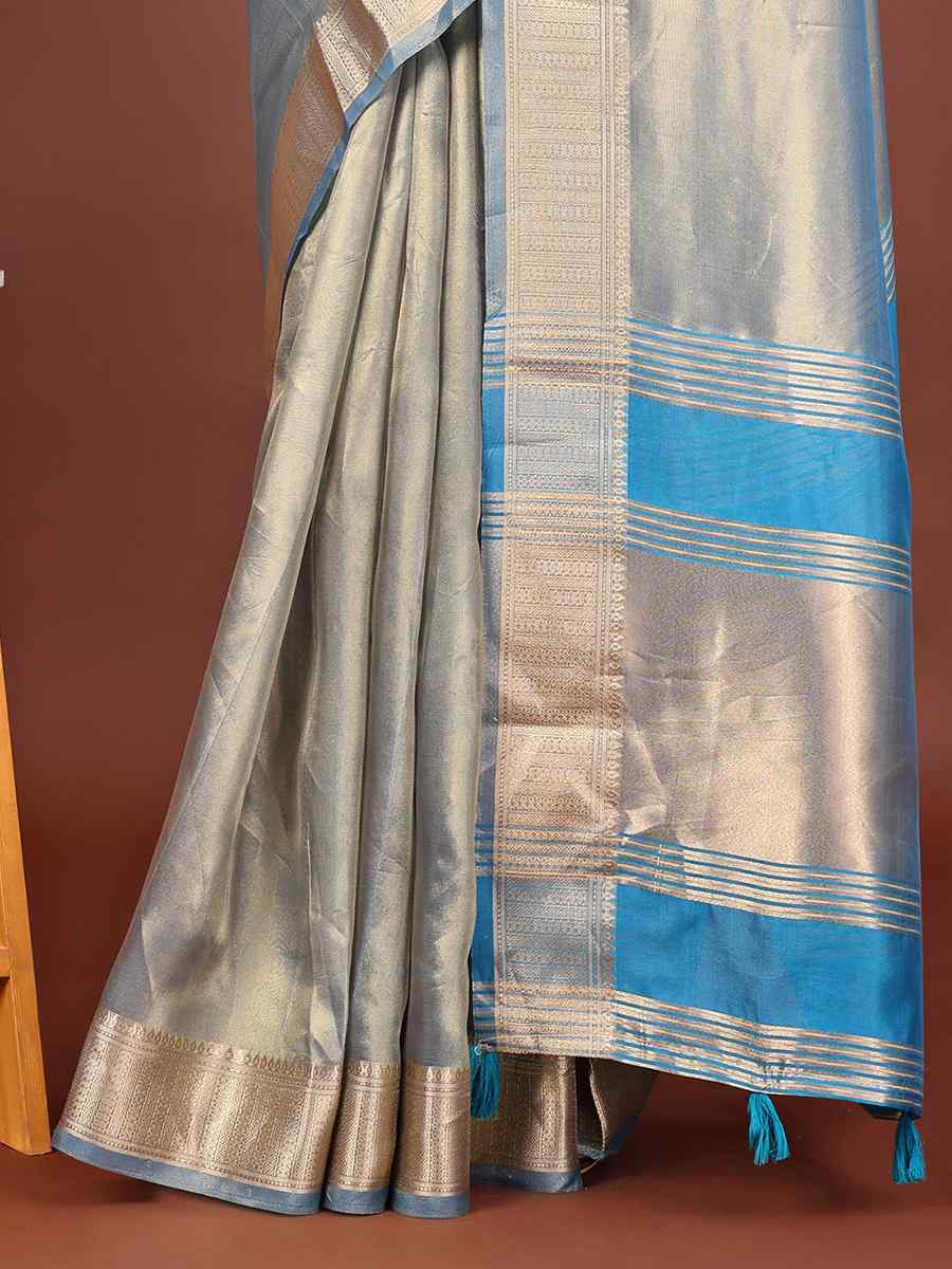 Grey Organza Handwoven Festival Wedding Fancy Heavy Border Saree