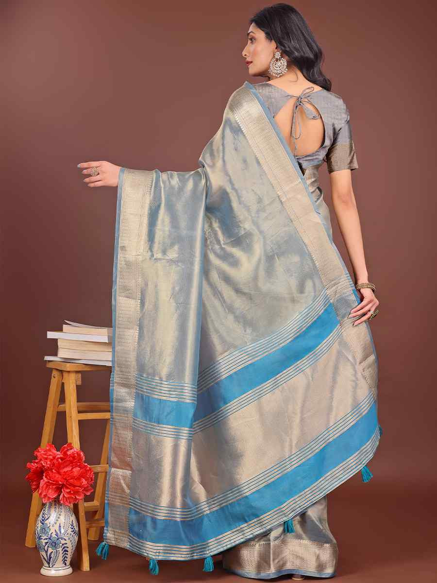 Grey Organza Handwoven Festival Wedding Fancy Heavy Border Saree